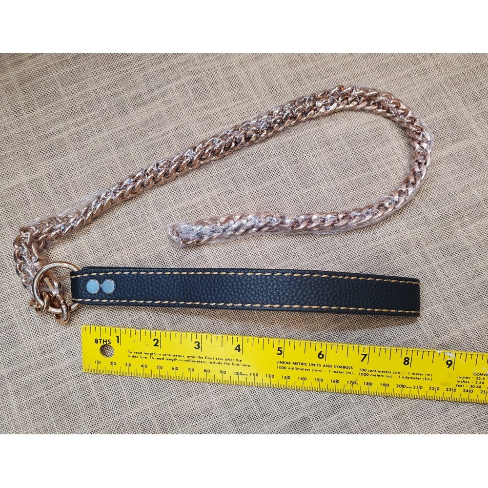 Rose Gold Tone Stainless Steel Dog Leash 5' EZ Hook Leather Handle Storage Pouch